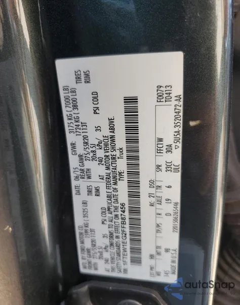 2015 Ford F150 Supercrew из США, поврежденный, VIN 1FTEW1EG2FFB87456